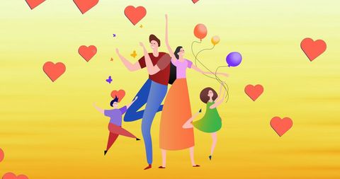 Joyful family celebration with hearts and balloons