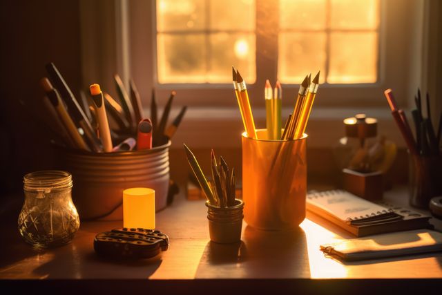 Desk adorned with stationery items such as pencils, pens, and containers; bathed in warm sunset light through the window. Perfect for illustrating home office setups, creative and organized workspaces, or sunset aesthetics in offices.