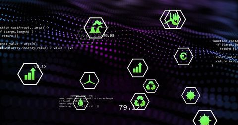 Digital Environmental Finance Interface with Hexagon Icons and Code