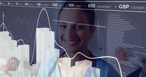 Indian female doctor analyzing financial data on monitor