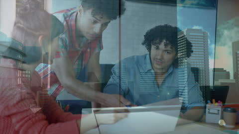 Innovative Team Collaborating Amid Urban Skyline Overlay