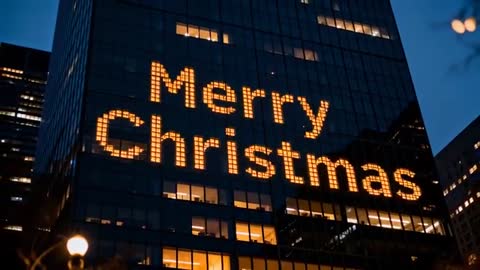 Office tower displaying Merry Christmas light message across glass facade at dusk