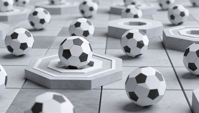 Resting soccer balls on hexagonal pedestals forming monochrome geometric pattern