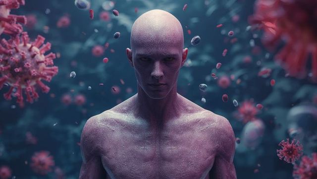 Futuristic Humanoid Amidst Virus Particles in Bloodstream