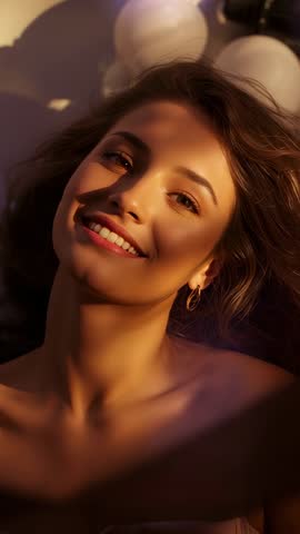 Smiling woman tilting head, blinking and responding to shifting shadows under pendant lights