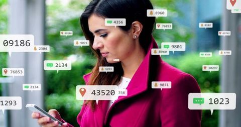 Woman holding smartphone checking floating notifications and location pins for mobile alerts