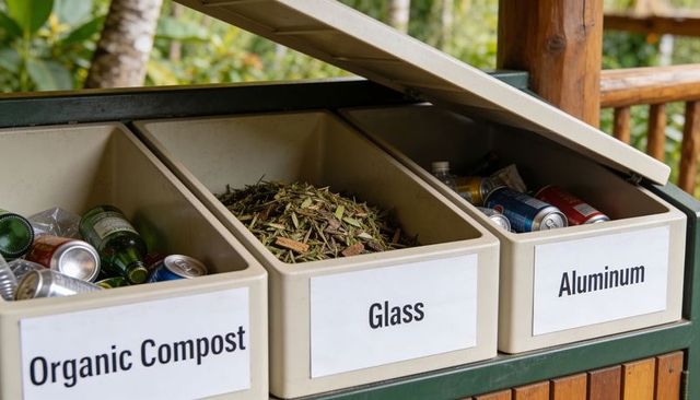 Three labeled recycling bins showing organic compost, glass, aluminum on park walkway