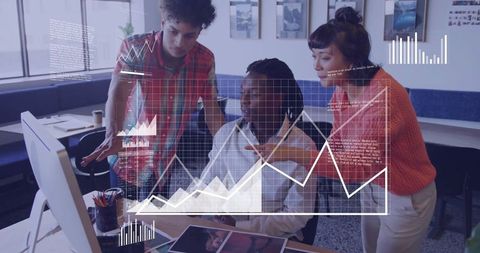 Diverse Team Analyzing Data with Virtual Graphs in Modern Office