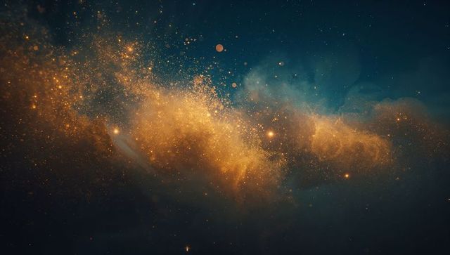 Golden cosmic nebula with luminous stars in deep space