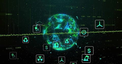 Futuristic Digital Globe with Eco Energy Icons and Streaming Data