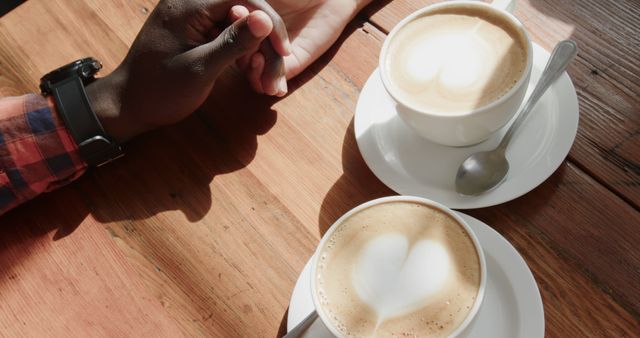 African american couple with cups of coffee holding hands at table in coffee shop. Coffee, love and relax, unaltered.