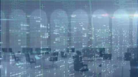 Futuristic Digital Interface Overlaying Modern Office