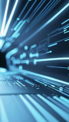 Vertical video racing through neon blue circuit tunnel with glowing digital nodes