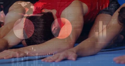 Men engaged in forward stretching pose with technology overlay