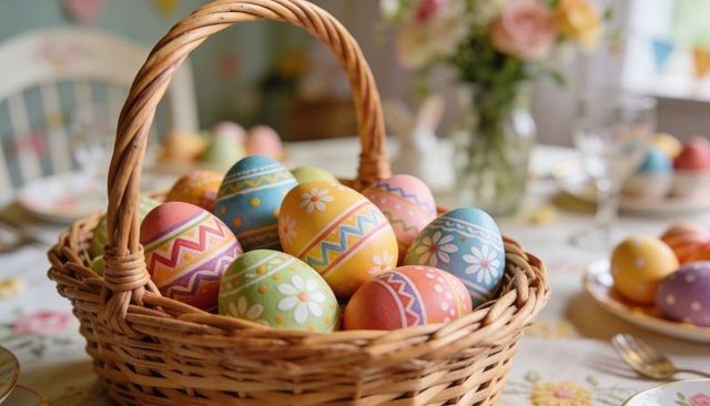 Displaying pastel easter eggs in wicker basket on floral tablecloth for spring celebration
