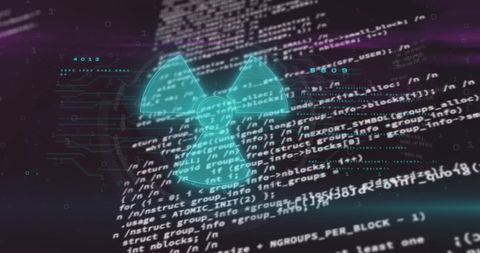 Nuclear Symbol Overlaying Strands of Digital Code Circuit