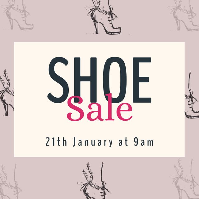 Elegant poster advertising a shoe sale with a feminine touch. Perfect for promoting fashion retail events, store discounts, and seasonal sales. Can be used in social media ads, email campaigns, and store posters. The pink background with sketch-like shoe illustrations adds a sophisticated flair, attracting fashionable customers.