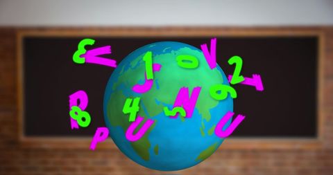 Colorful 3D Letters and Numbers Floating Around Spinning Globe