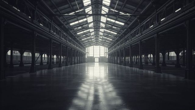 Expansive Industrial Hall with Steel Columns and Polished Floor
