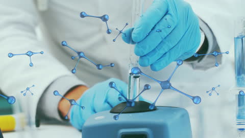 Scientist Conducting Experiment with Molecular Animation Overlay