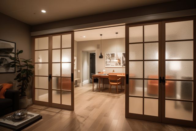 Opened glass tatami door to home office, created using generative ai technology. Interior design, japanese style and home decor concept digitally generated image.
