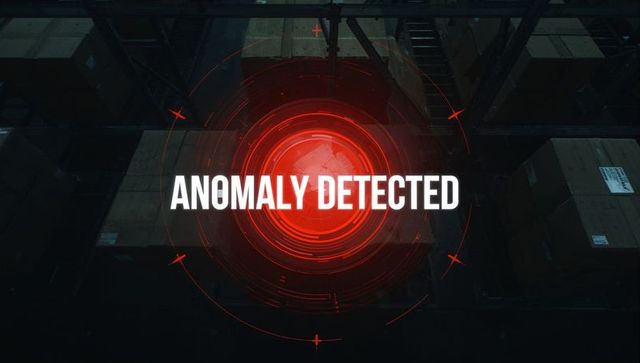 Futuristic hud detecting anomaly in warehouse with boxes and racks