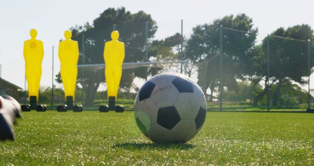 Close-Up of Football on Grass Field with Training Dummies in Background - Download Free Stock Images Pikwizard.com