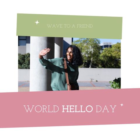 World Hello Day Celebration with Smiling Woman Waving Outdoors - Download Free Stock Templates Pikwizard.com