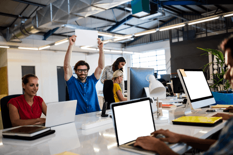 Transparent teamwork and innovation in modern office environment