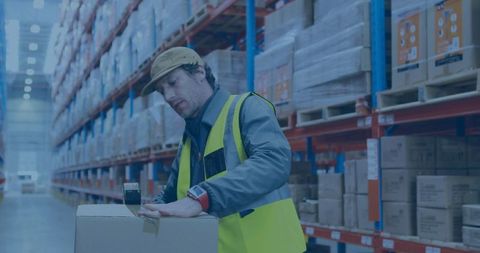 Warehouse worker scanning label on box in distribution center