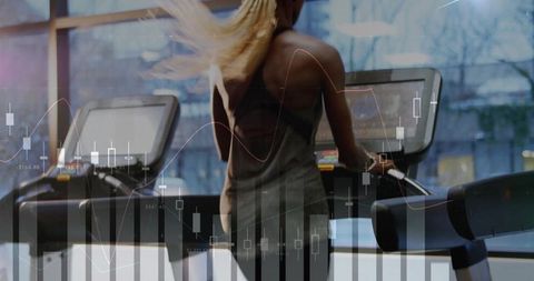 Fitness and finance concept: woman running on treadmill with candlestick chart overlay
