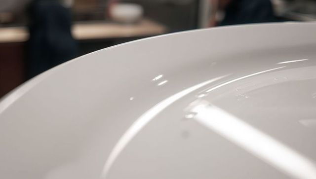 White ceramic plate reflecting overhead light with water droplets closeup
