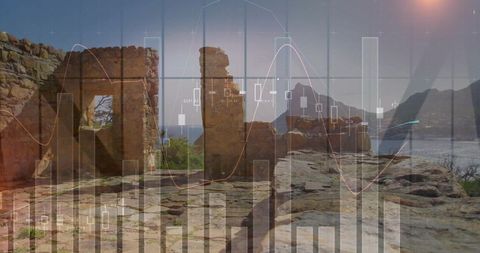 Ancient coastal ruins showing translucent financial charts, data visualization overlay