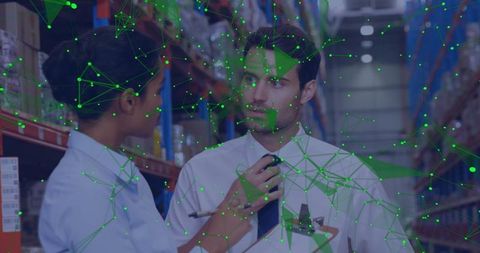 Two Professionals in Warehouse with Digital Connections Overlay