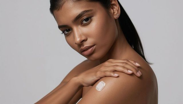 Close-up beauty portrait of model with adhesive patch on shoulder showcasing skincare and wearable t