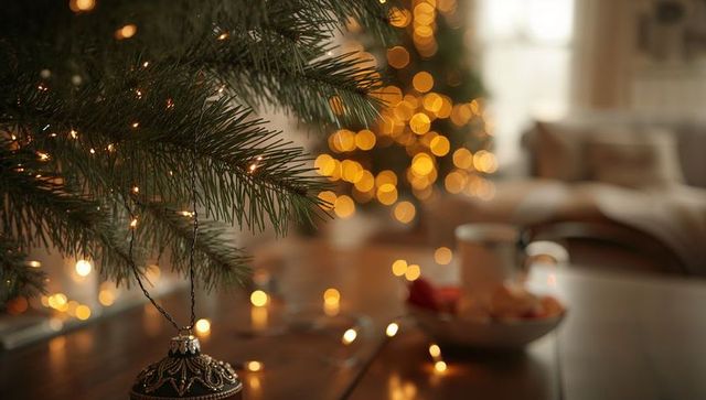 Ornate bauble on evergreen branch with warm bokeh lights in cozy holiday living room scene