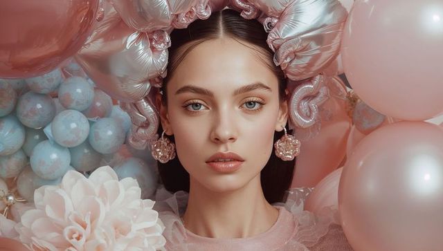 Elegant Model with Rose-Gold Headdress and Pastel Balloons