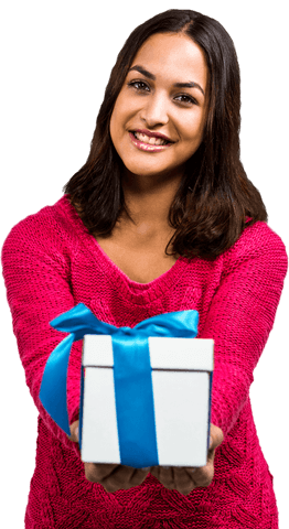 Smiling Woman Holding Gift Box with Blue Ribbon on Transparent Background