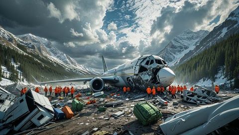 Rescue team investigating plane crash wreckage in mountainous terrain