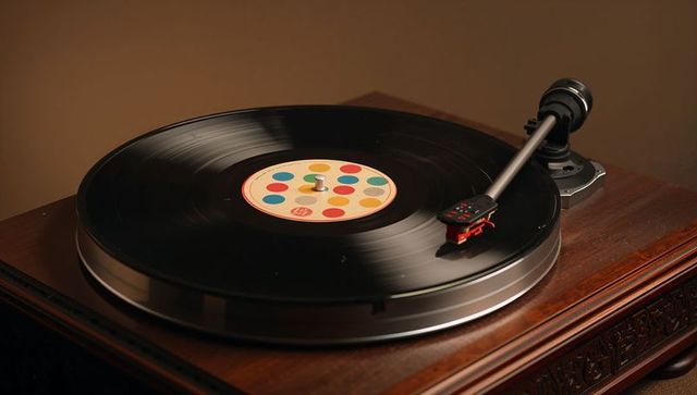 Vintage turntable playing black vinyl lp with colorful dot label and red cartridge