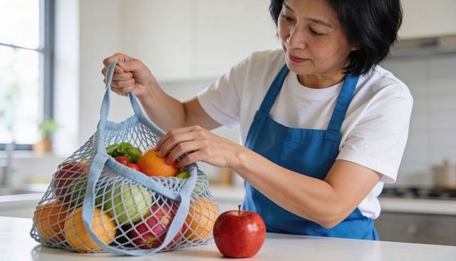 Asian woman arranging colorful fruit in reusable mesh bag on bright kitchen counter with red apple