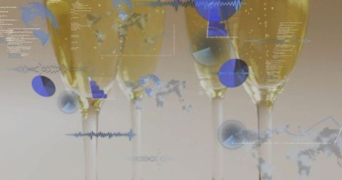 Champagne flutes reflecting gold bubbles with blue digital data overlay luxury marketing