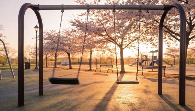 Swinging Empty Swings at Sunset with Cherry Blossoms and Park Playground