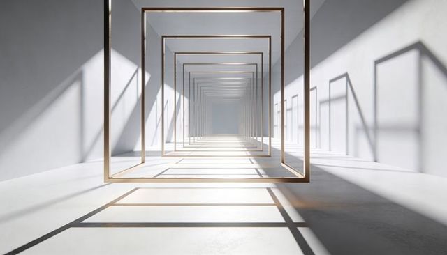 Floating Square Frames Casting Repeating Geometric Shadows in Minimal Concrete Gallery