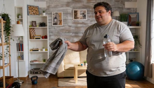 Overweight man holding water bottle and towel in living room after home workout