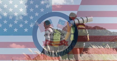 Diverse Couple Hiking with US Patriotic Symbols Blended