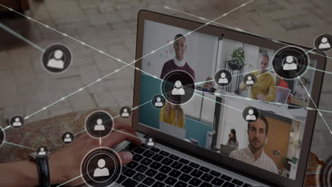 Virtual Team Meeting and Networking on Laptop Screen