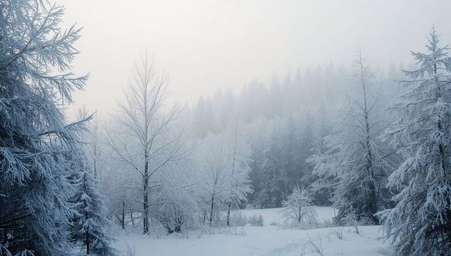 Misty winter clearing with frost-covered spruces and bare birch branches, tranquil glade