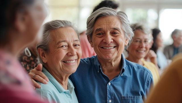Smiling senior couple enjoying community gathering and friendship in daylight