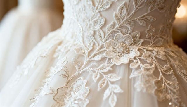 Ivory bridal gown bodice showcasing floral lace, beaded embroidery and tulle layers